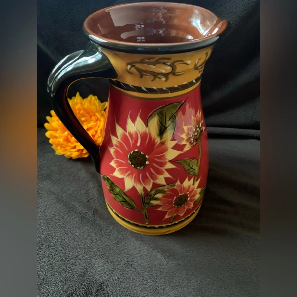 PIER 1 Discontinued terra cotta hand painted Sunflower pitcher VVGUC+++